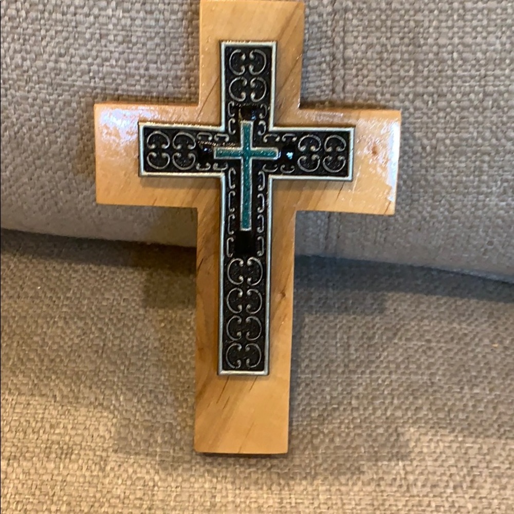 7” Handmade Wood Cross Black & Turquoise Accents